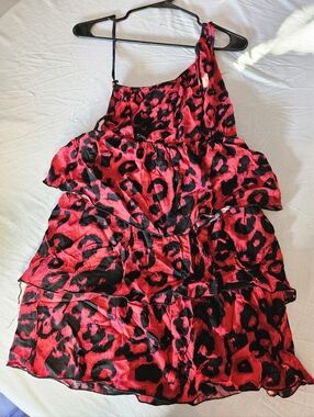 One-Shoulder Red & Black Leopard Print Ruffle Dress